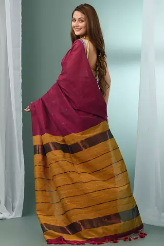 Magenta cotton saree with sequine work and zari stripe pallu