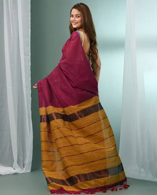 Magenta cotton saree with sequine work and zari stripe pallu 3