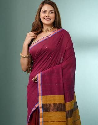 Magenta cotton saree with sequine work and zari stripe pallu 5