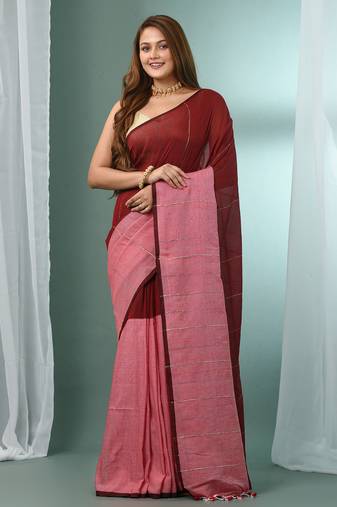 Red cotton saree with stripes pattern sequine work