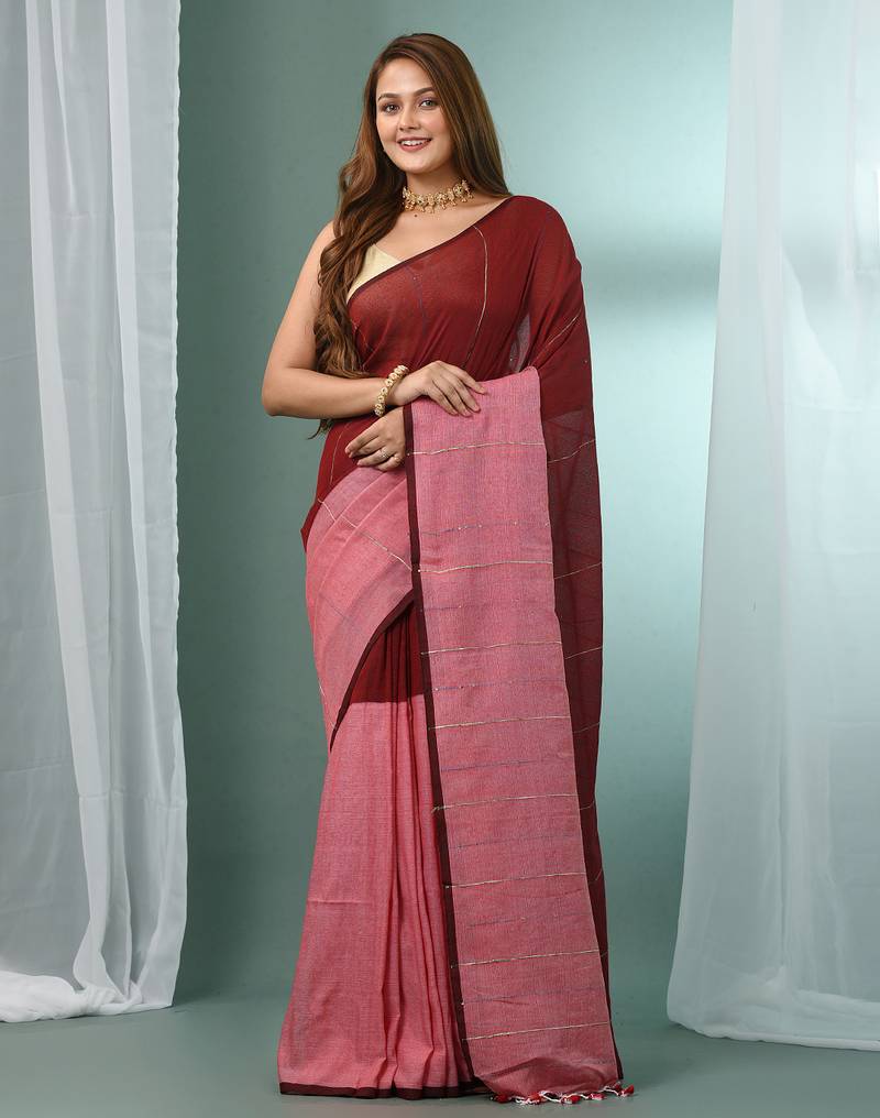 Red cotton saree with stripes pattern sequine work