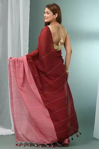 Red cotton saree with stripes pattern sequine work