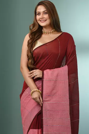 Red cotton saree with stripes pattern sequine work