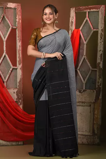 Black cotton saree with stripes pattern sequine work