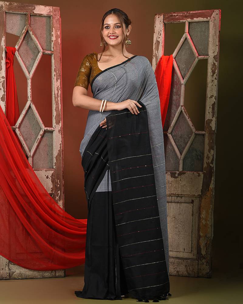 Black cotton saree with stripes pattern sequine work