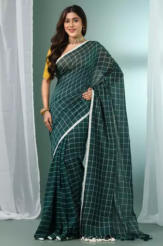 Teal green cotton saree with check designs