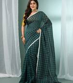 Teal green cotton saree with check designs