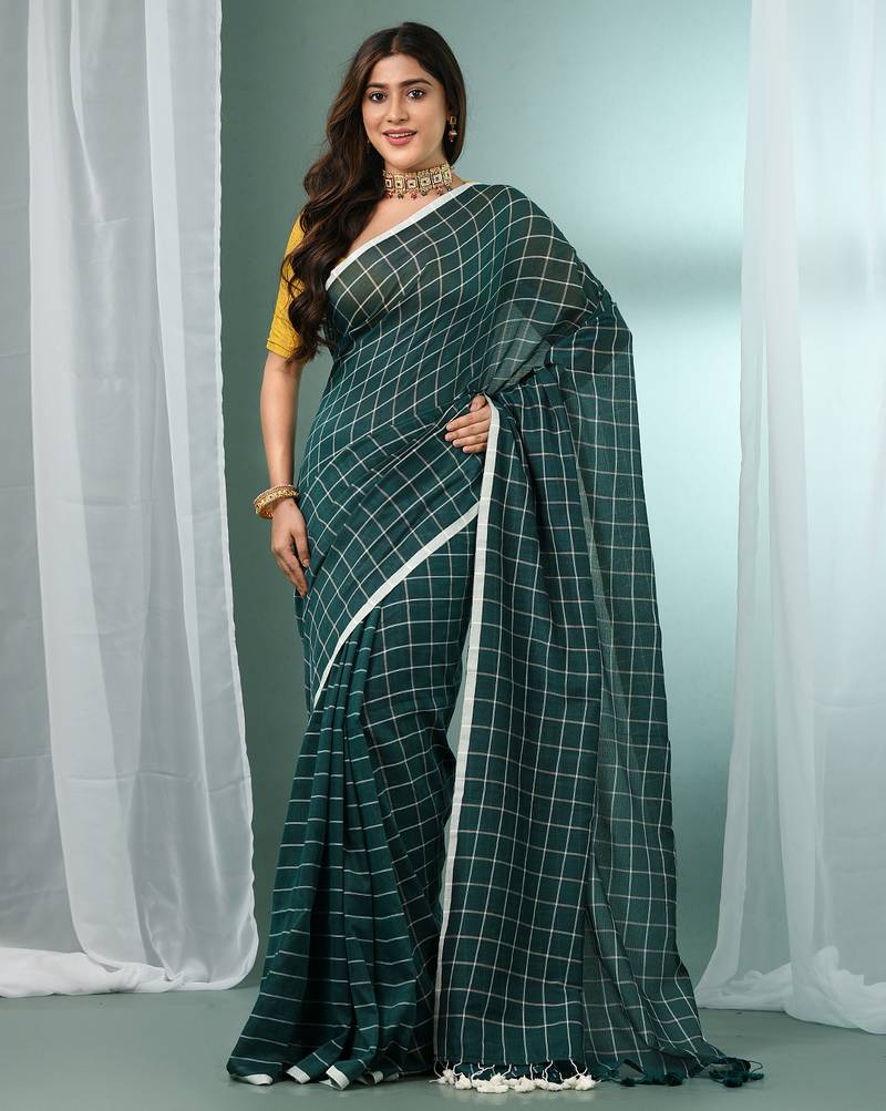 Teal green cotton saree with check designs