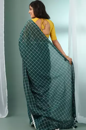 Teal green cotton saree with check designs