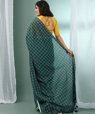 Teal green cotton saree with check designs 3