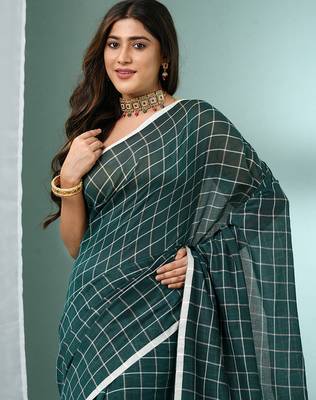 Teal green cotton saree with check designs 5