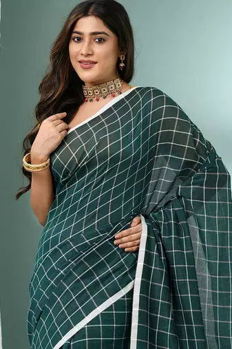 Teal green cotton saree with check designs