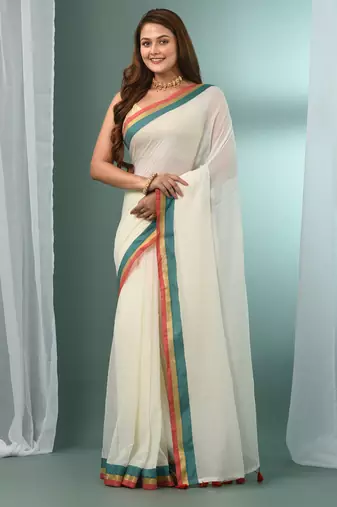 Off white solid mulmul soft saree