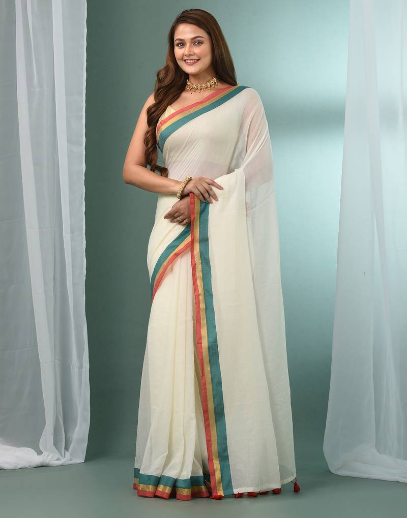 Off white solid mulmul soft saree
