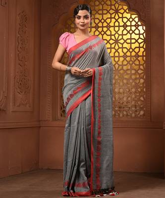 Grey cotton soft saree with woven heart borders 1