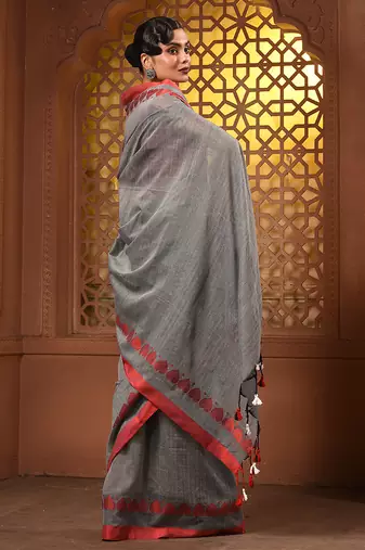 Grey cotton soft saree with woven heart borders