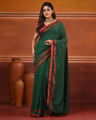 Green cotton soft saree with woven heart borders 1