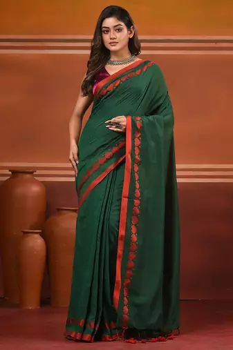 Green cotton soft saree with woven heart borders