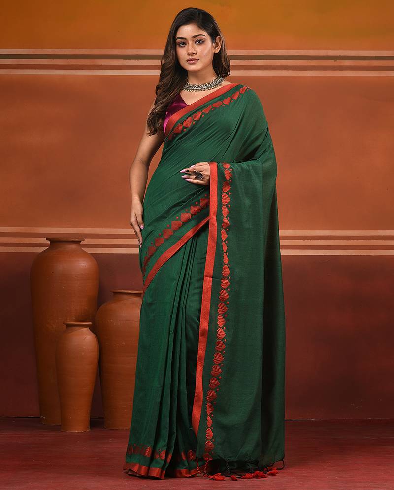 Green cotton soft saree with woven heart borders