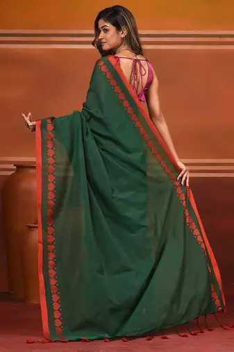 Green cotton soft saree with woven heart borders