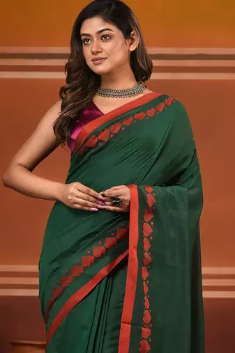 Green cotton soft saree with woven heart borders