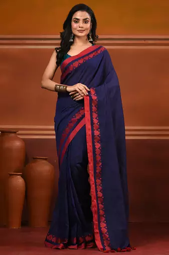 Royal blue cotton soft saree with woven heart borders