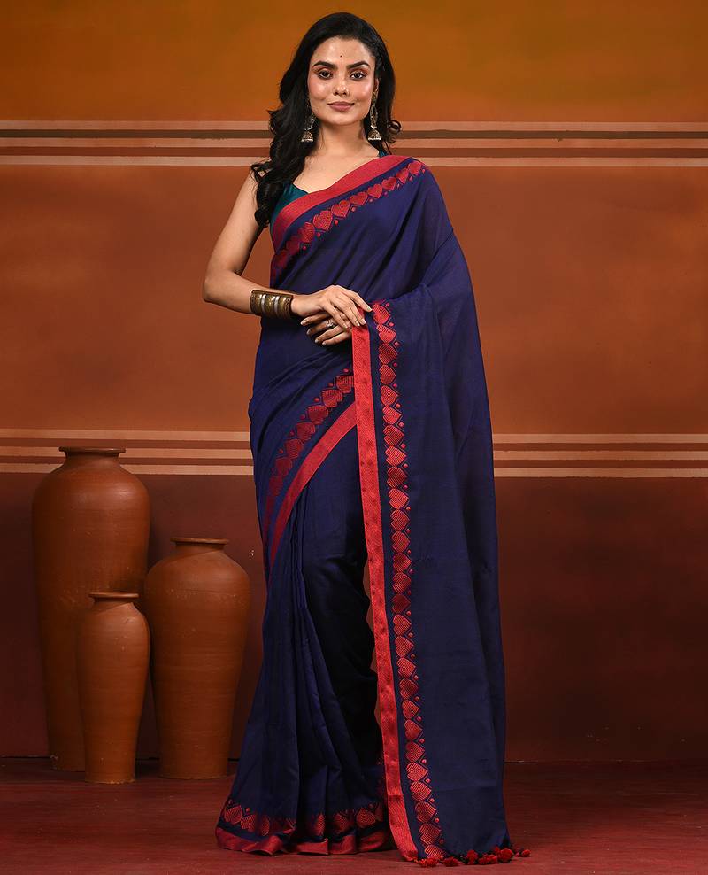 Royal blue cotton soft saree with woven heart borders