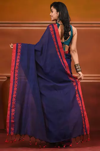 Royal blue cotton soft saree with woven heart borders
