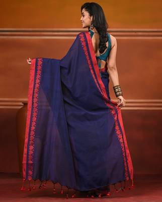 Royal blue cotton soft saree with woven heart borders 3