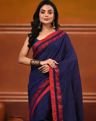 Royal blue cotton soft saree with woven heart borders 5
