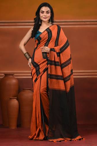 Orange cotton soft saree with stripe pattern