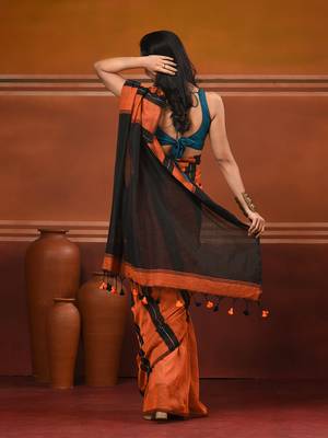 Orange cotton soft saree with stripe pattern 3