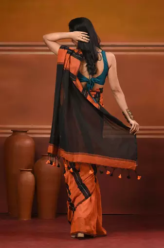 Orange cotton soft saree with stripe pattern