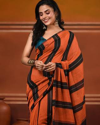 Orange cotton soft saree with stripe pattern 5