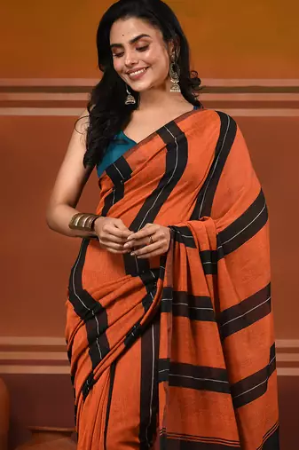 Orange cotton soft saree with stripe pattern