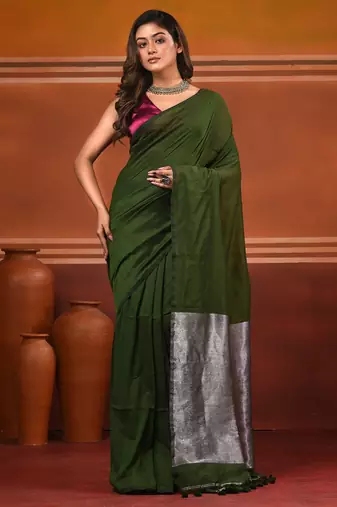Forest green cotton soft saree with contrast silver pallu