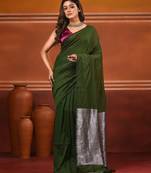Forest green cotton soft saree with contrast silver pallu