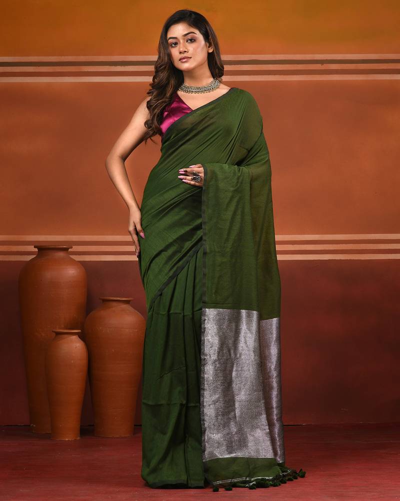 Forest green cotton soft saree with contrast silver pallu