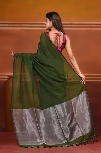 Forest green cotton soft saree with contrast silver pallu