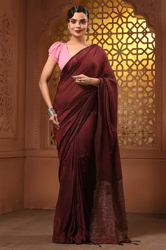 Dark red cotton soft saree with stripes pallu