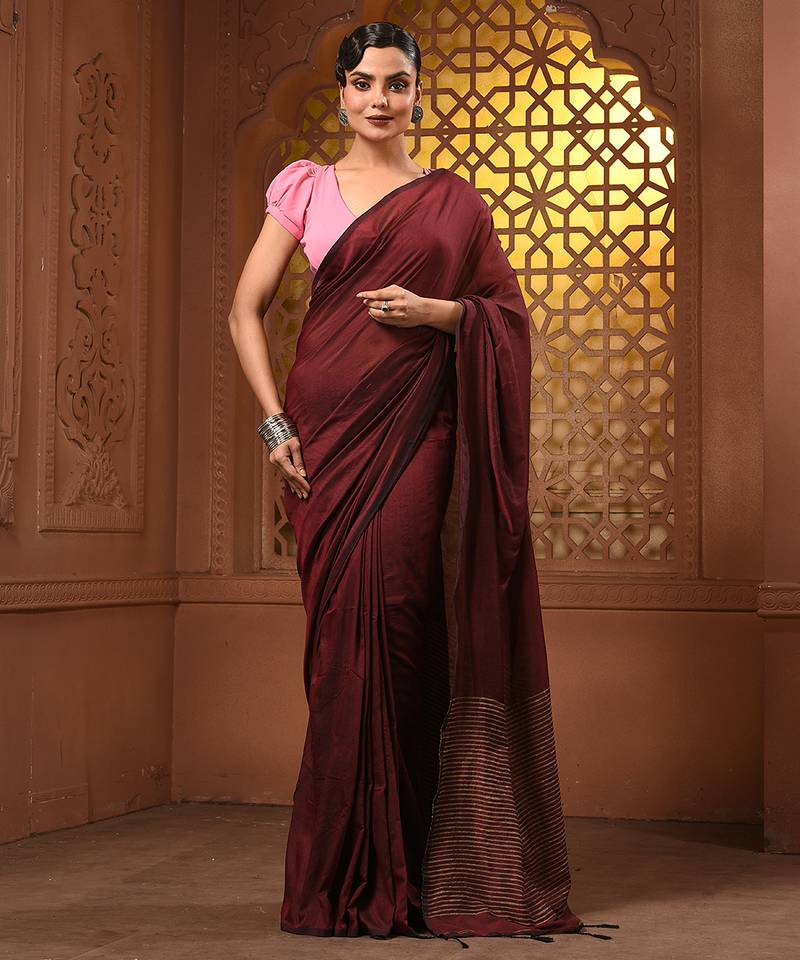Dark red cotton soft saree with stripes pallu