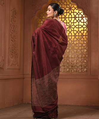 Dark red cotton soft saree with stripes pallu 2