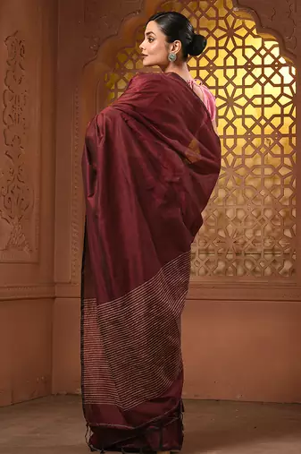Dark red cotton soft saree with stripes pallu