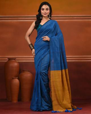 Yale blue cotton soft saree with contrast mustard pallu 1