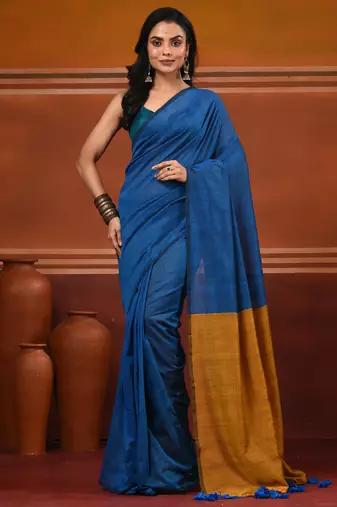 Yale blue cotton soft saree with contrast mustard pallu