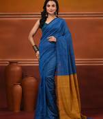 Yale blue cotton soft saree with contrast mustard pallu
