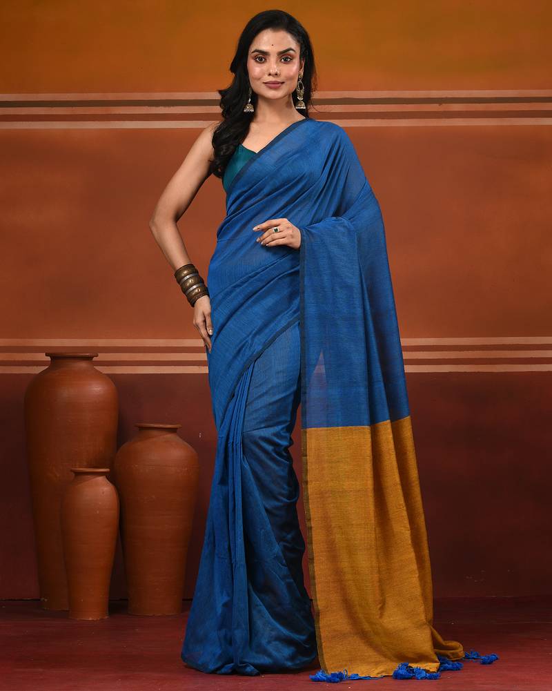 Yale blue cotton soft saree with contrast mustard pallu