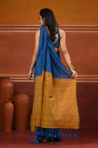 Yale blue cotton soft saree with contrast mustard pallu
