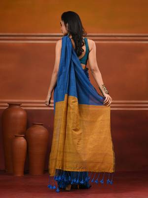 Yale blue cotton soft saree with contrast mustard pallu 3