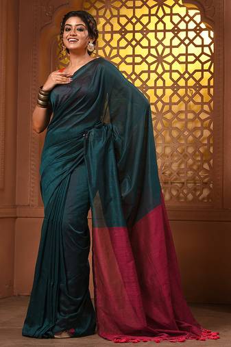 Teal cotton soft saree with contrast magenta pallu